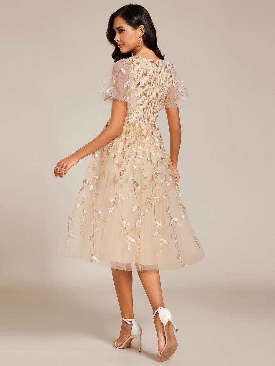 Robe d'invité de mariage formelle mi-longue à paillettes et feuilles à manches courtes #Couleur_Dorée