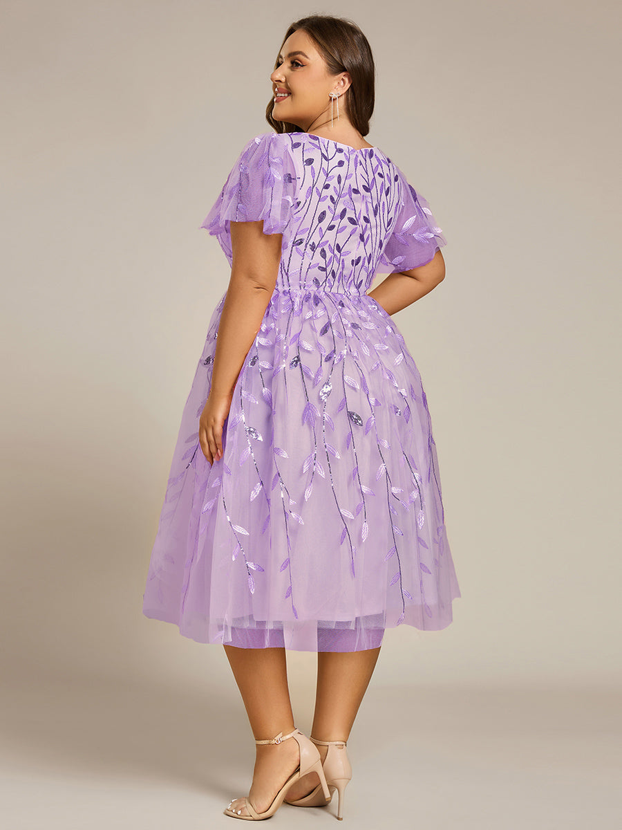 Robe d'invité de mariage formelle en tulle mi-longue scintillante de grande taille avec paillettes de feuilles #Couleur_Lavande