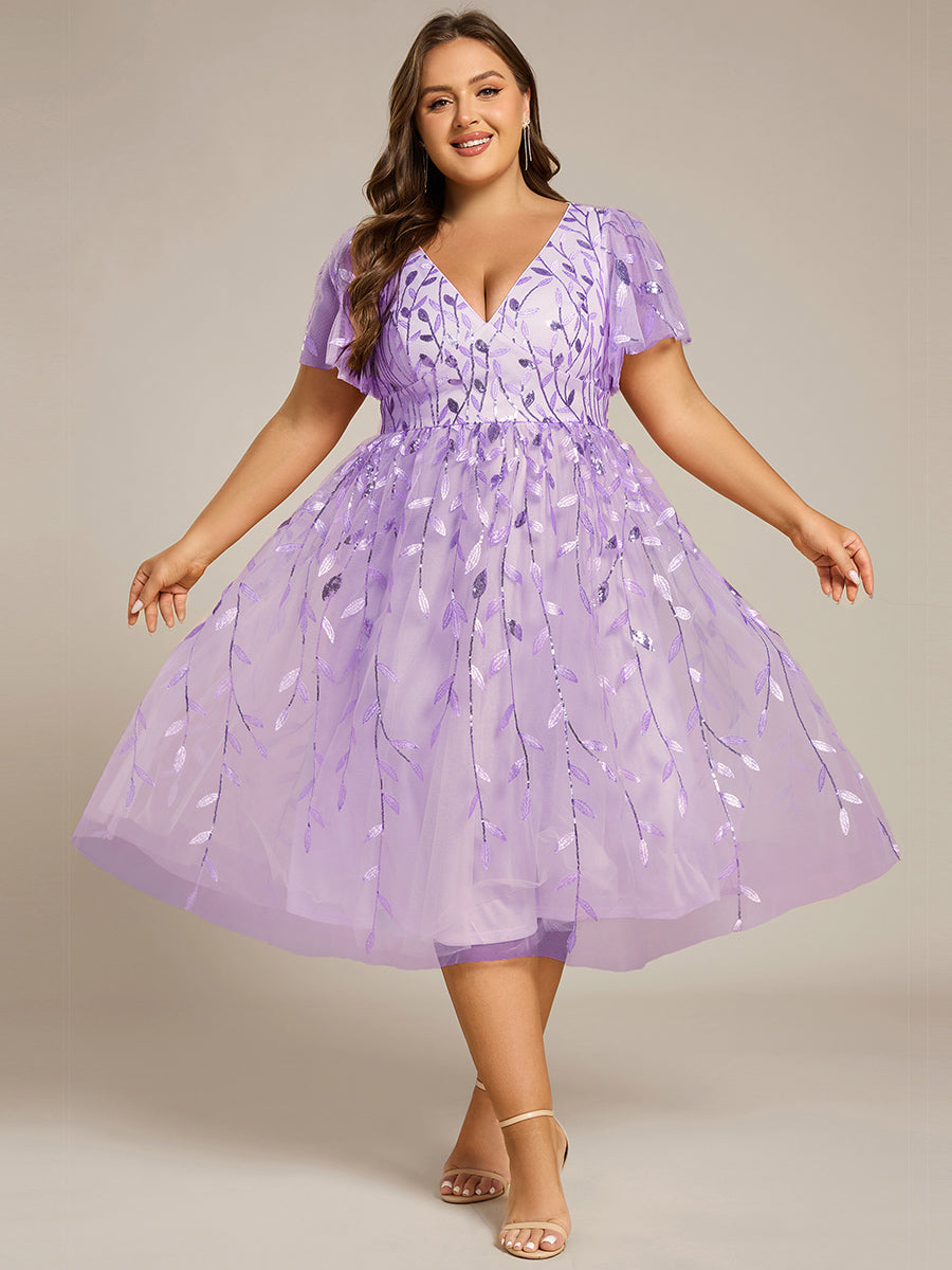 Robe d'invité de mariage formelle en tulle mi-longue scintillante de grande taille avec paillettes de feuilles #Couleur_Lavande