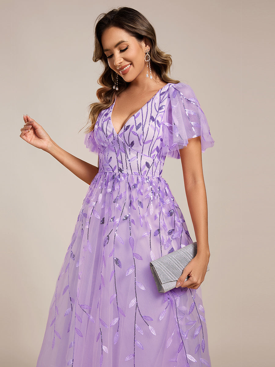Robe d'invité de mariage formelle mi-longue à paillettes et feuilles à manches courtes #Couleur_Lavande