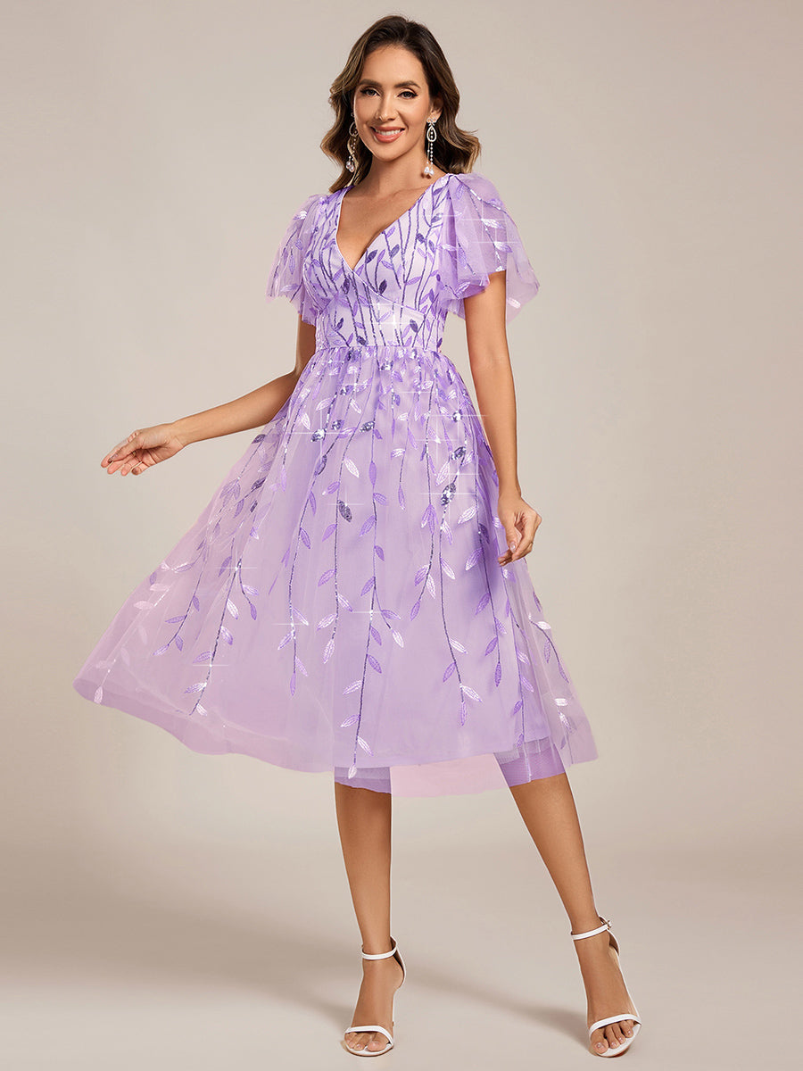 Robe d'invité de mariage formelle mi-longue à paillettes et feuilles à manches courtes #Couleur_Lavande
