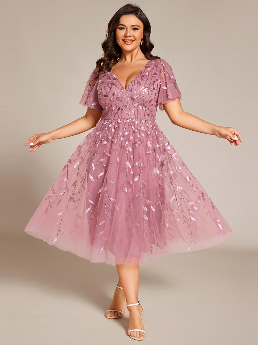Robe d'invité de mariage formelle en tulle mi-longue scintillante de grande taille avec paillettes de feuilles #Couleur_Orchidee
