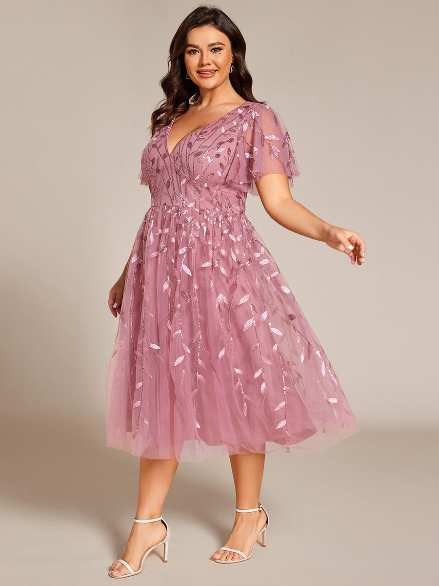 Robe d'invité de mariage formelle en tulle mi-longue scintillante de grande taille avec paillettes de feuilles #Couleur_Orchidee