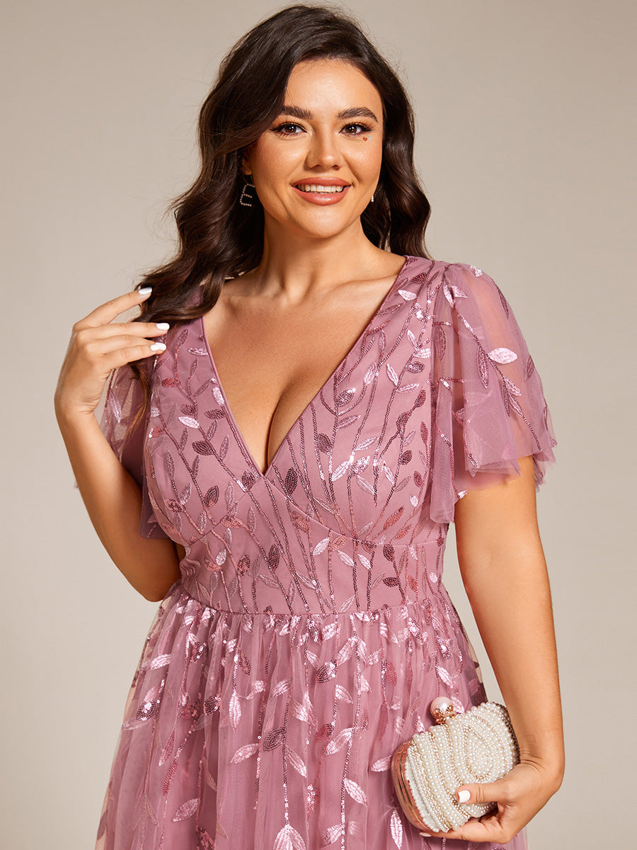 Robe d'invité de mariage formelle en tulle mi-longue scintillante de grande taille avec paillettes de feuilles #Couleur_Orchidee