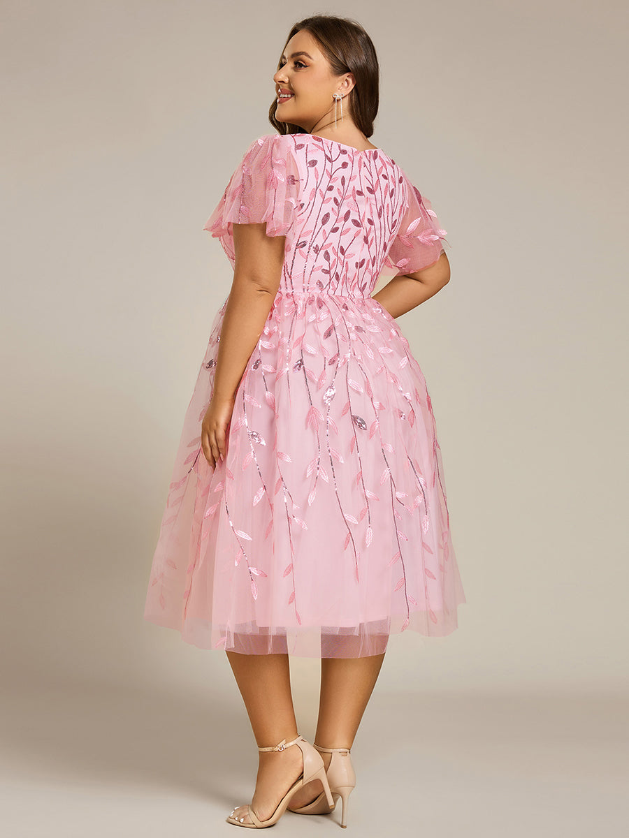 Robe d'invité de mariage formelle mi-longue à paillettes et feuilles à manches courtes #Couleur_Rose