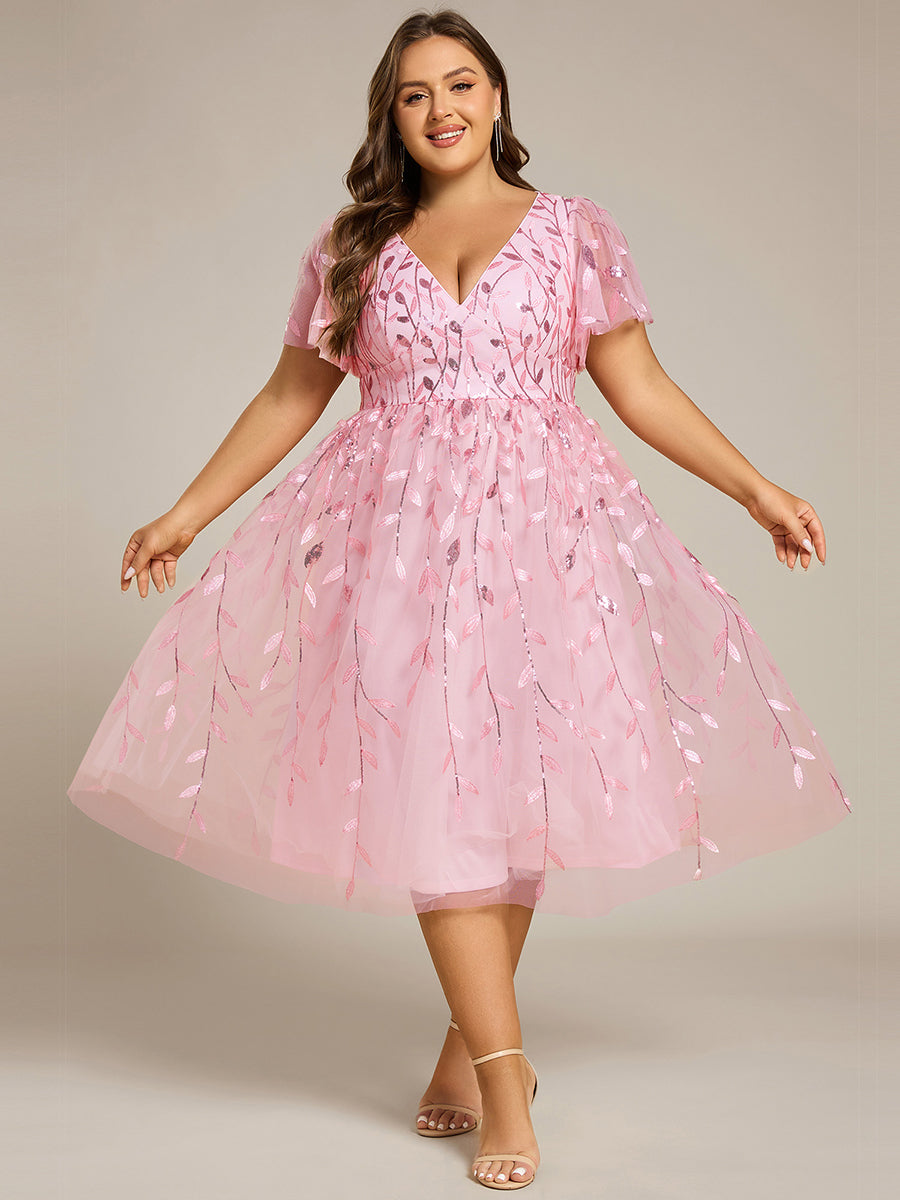 Robe d'invité de mariage formelle en tulle mi-longue scintillante de grande taille avec paillettes de feuilles #Couleur_Rose