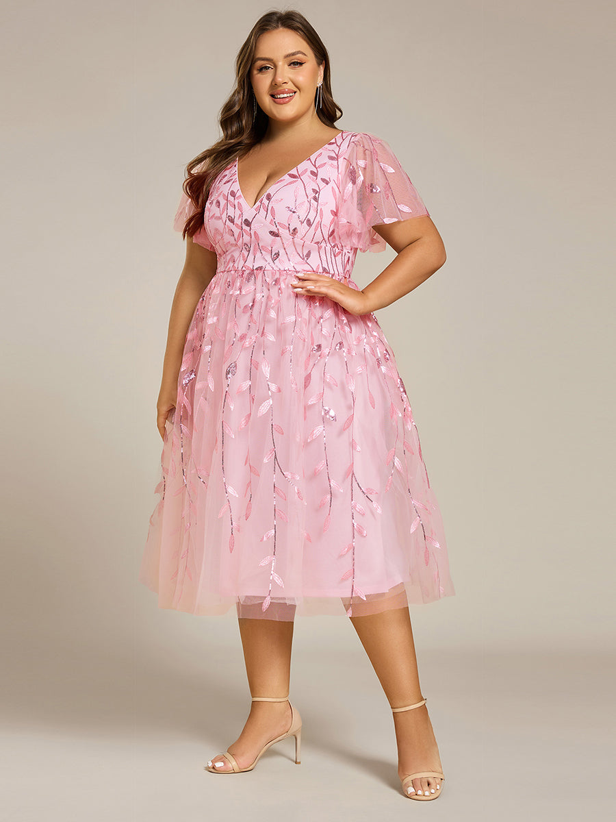 Robe d'invité de mariage formelle mi-longue à paillettes et feuilles à manches courtes #Couleur_Rose