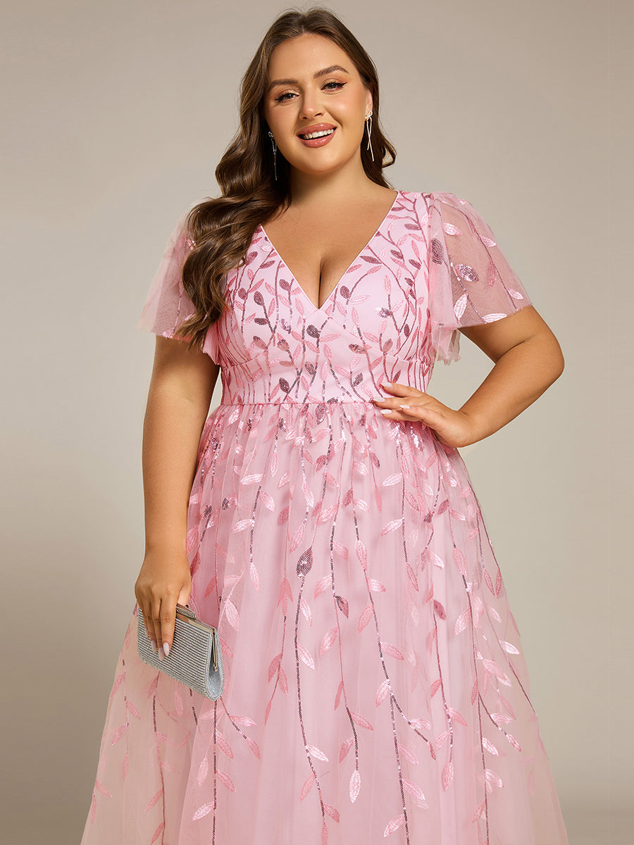 Robe d'invité de mariage formelle mi-longue à paillettes et feuilles à manches courtes #Couleur_Rose