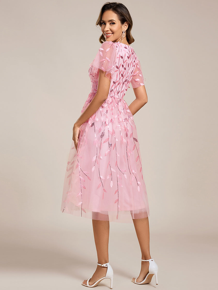 Robe d'invité de mariage formelle mi-longue à paillettes et feuilles à manches courtes #Couleur_Rose