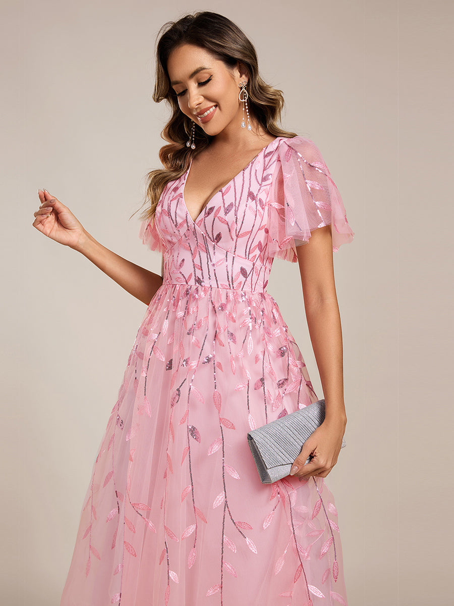 Robe d'invité de mariage formelle mi-longue à paillettes et feuilles à manches courtes #Couleur_Rose