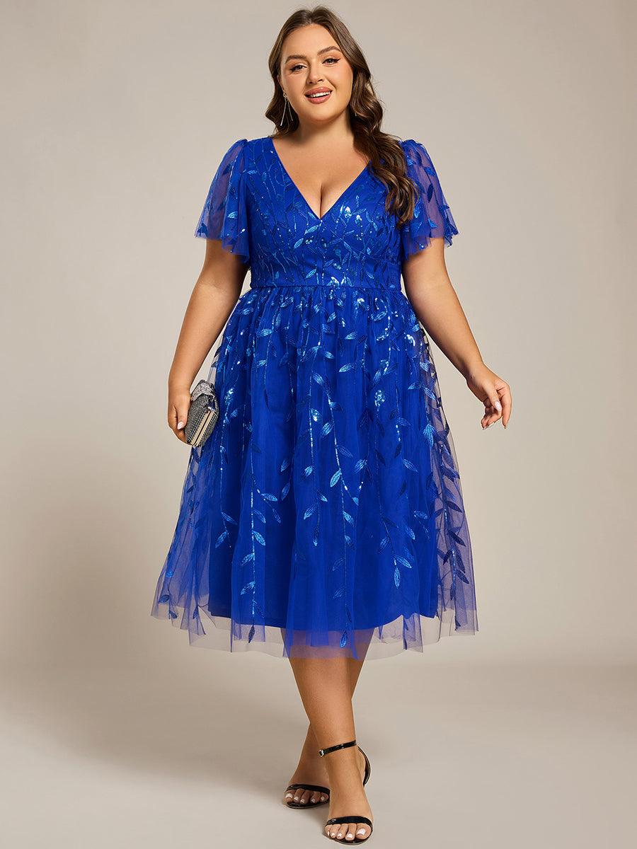 Robe d'invité de mariage formelle mi-longue à paillettes et feuilles à manches courtes #Couleur_Bleu Saphir