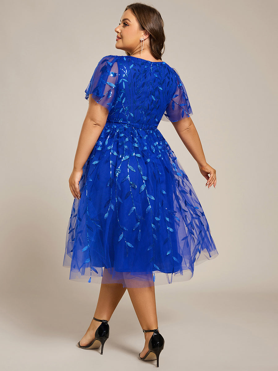 Robe d'invité de mariage formelle mi-longue à paillettes et feuilles à manches courtes #Couleur_Bleu Saphir