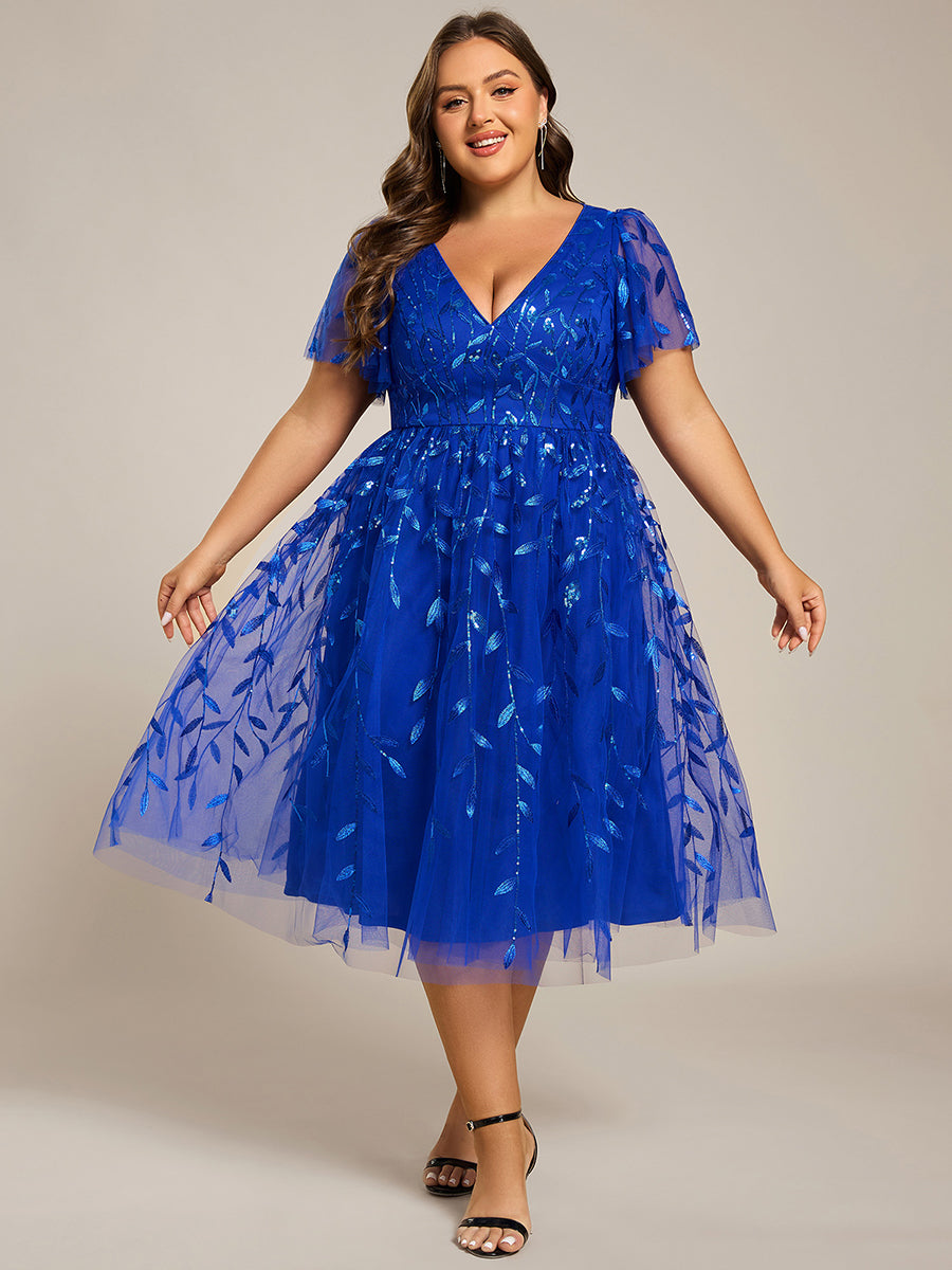 Robe d'invité de mariage formelle mi-longue à paillettes et feuilles à manches courtes #Couleur_Bleu Saphir