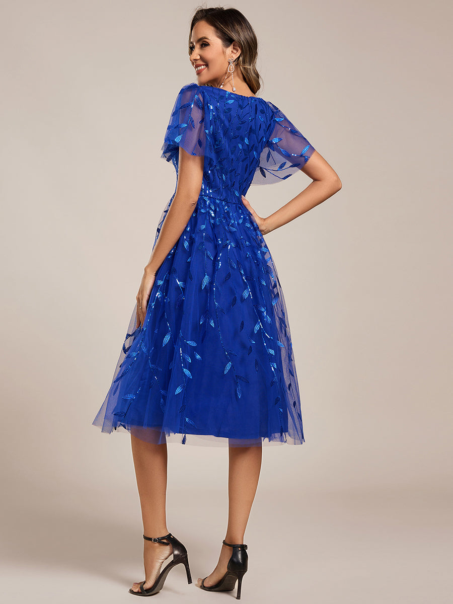 Robe d'invité de mariage formelle mi-longue à paillettes et feuilles à manches courtes #Couleur_Bleu Saphir