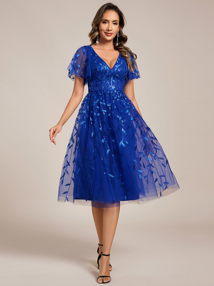 Robe d'invité de mariage formelle mi-longue à paillettes et feuilles à manches courtes #Couleur_Bleu Saphir