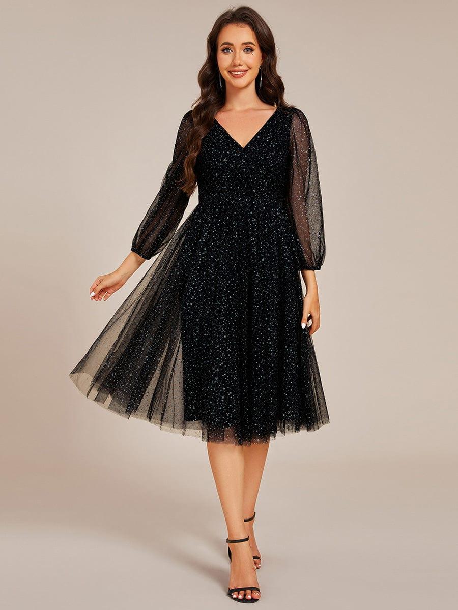 Robe de mariée mi-longue à manches longues et col en V scintillante #Couleur_Noir