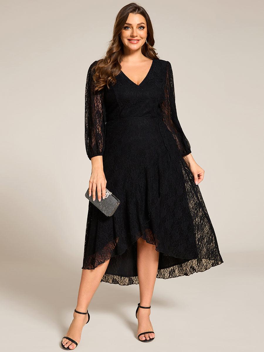 Robe d'invité de mariage à manches longues et col en V en dentelle de grande taille-eg02247 #Couleur_Noir
