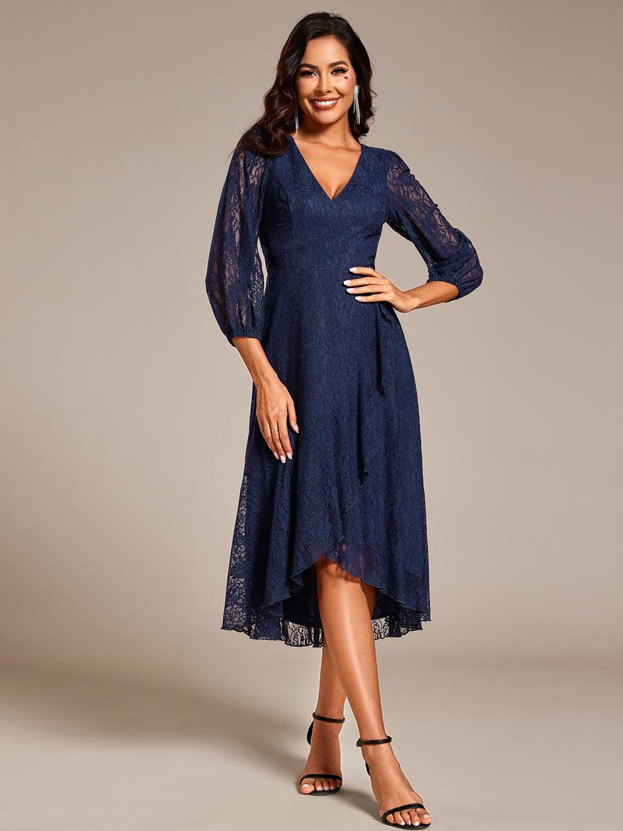 Robe de mariée mi-longue élégante en dentelle à manches longues et coupe trapèze? #Couleur_Bleu Marine