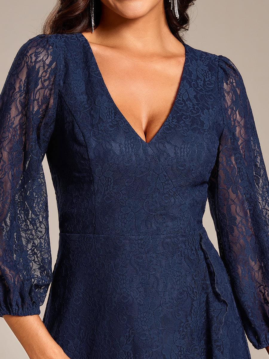 Robe de mariée mi-longue élégante en dentelle à manches longues et coupe trapèze? #Couleur_Bleu Marine