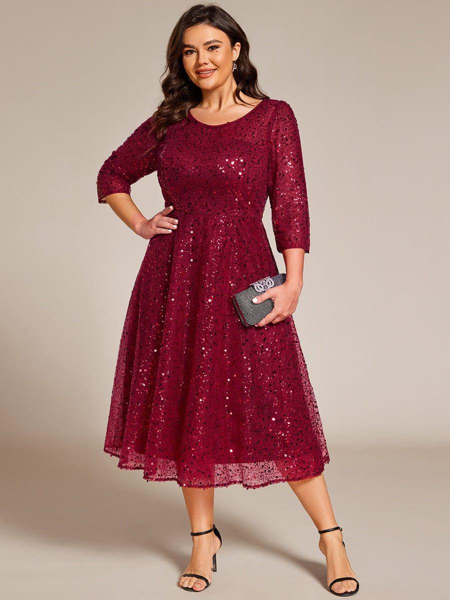 Robe d'invitée de mariage grande taille à manches 3/9 et à paillettes #Couleur_Bordeaux