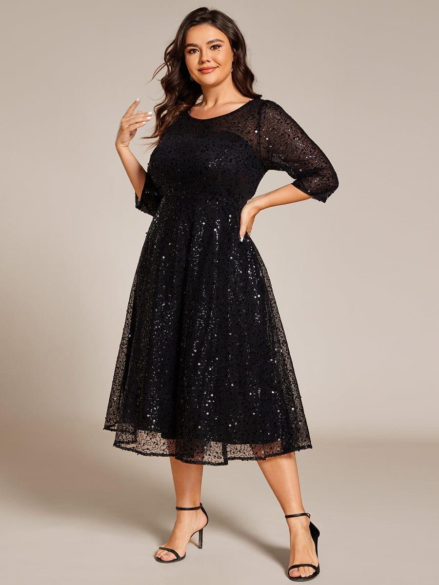 Robe d'invitée de mariage grande taille à manches 3/5 et à paillettes #Couleur_Noir