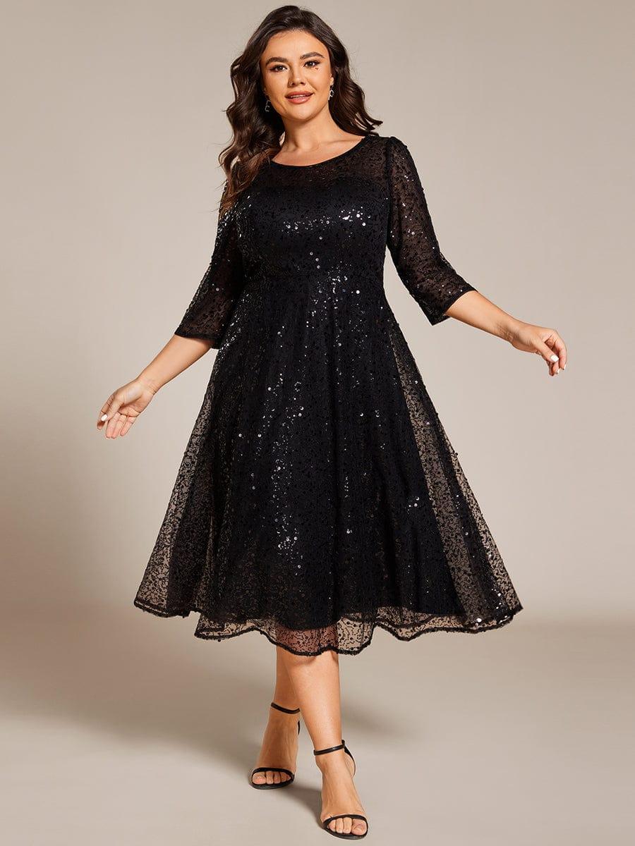 Robe d'invitée de mariage grande taille à manches 3/5 et à paillettes #Couleur_Noir