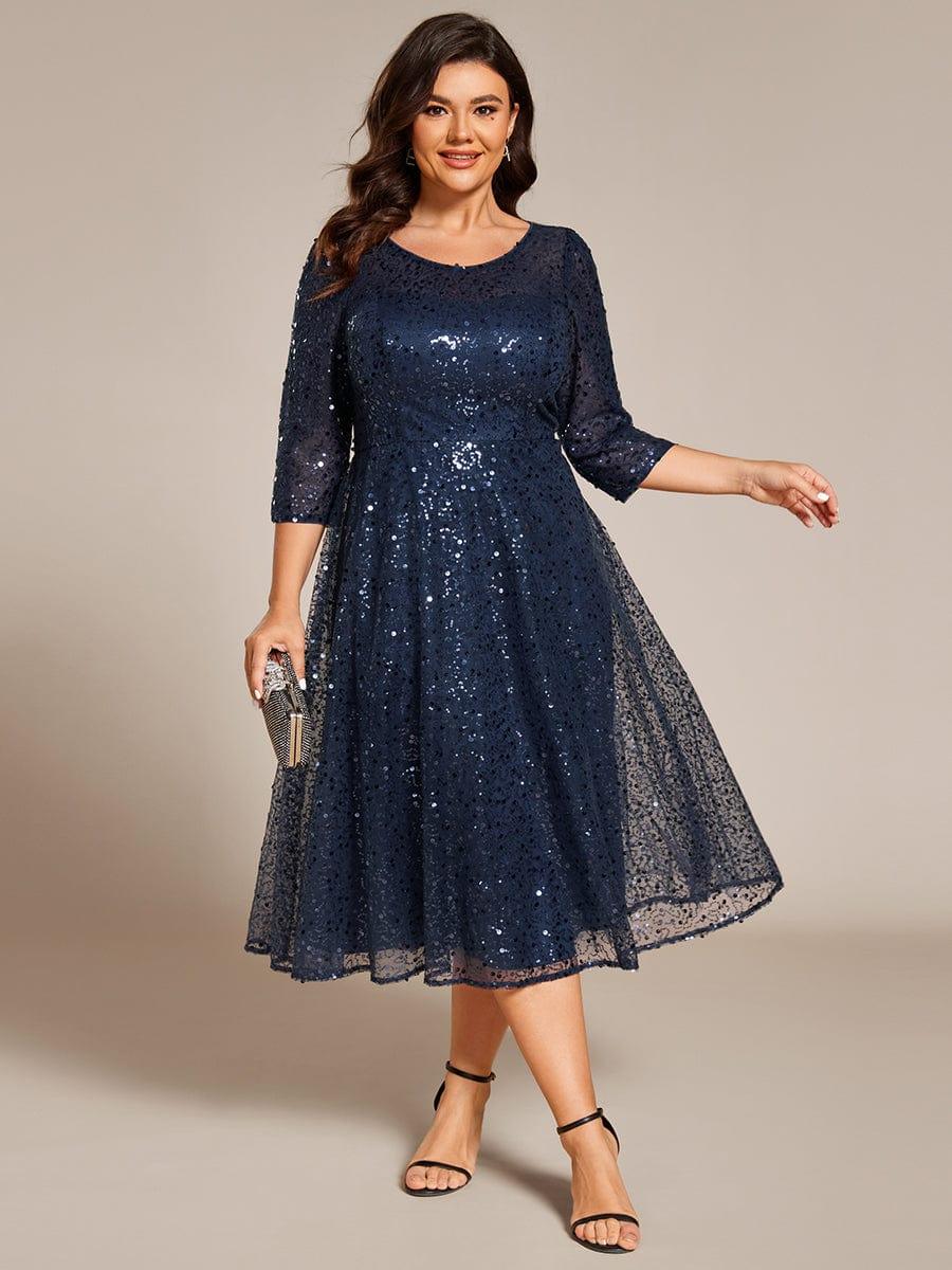 Robe d'invitée de mariage grande taille à manches 3/9 et à paillettes #Couleur_Bleu Marine
