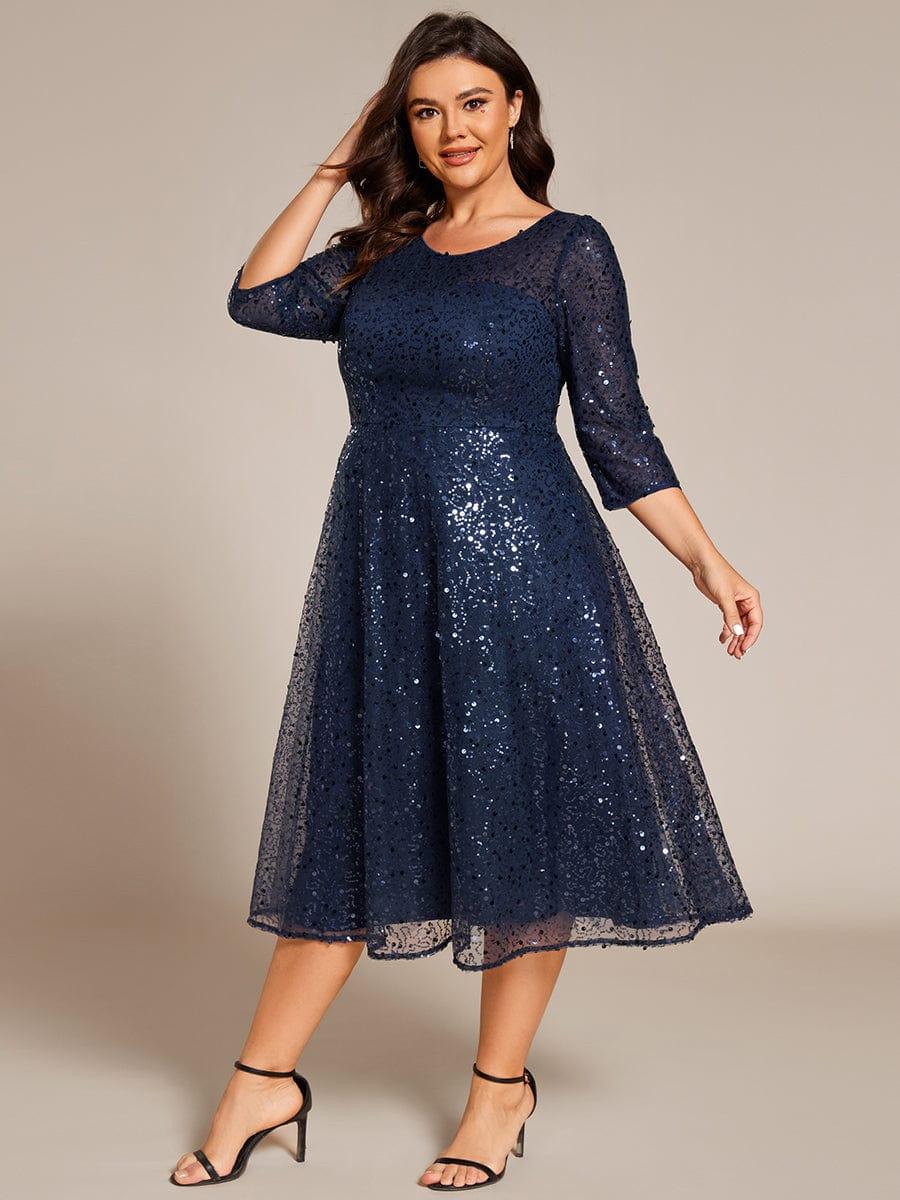 Robe d'invitée de mariage grande taille à manches 3/5 et à paillettes #Couleur_Bleu Marine