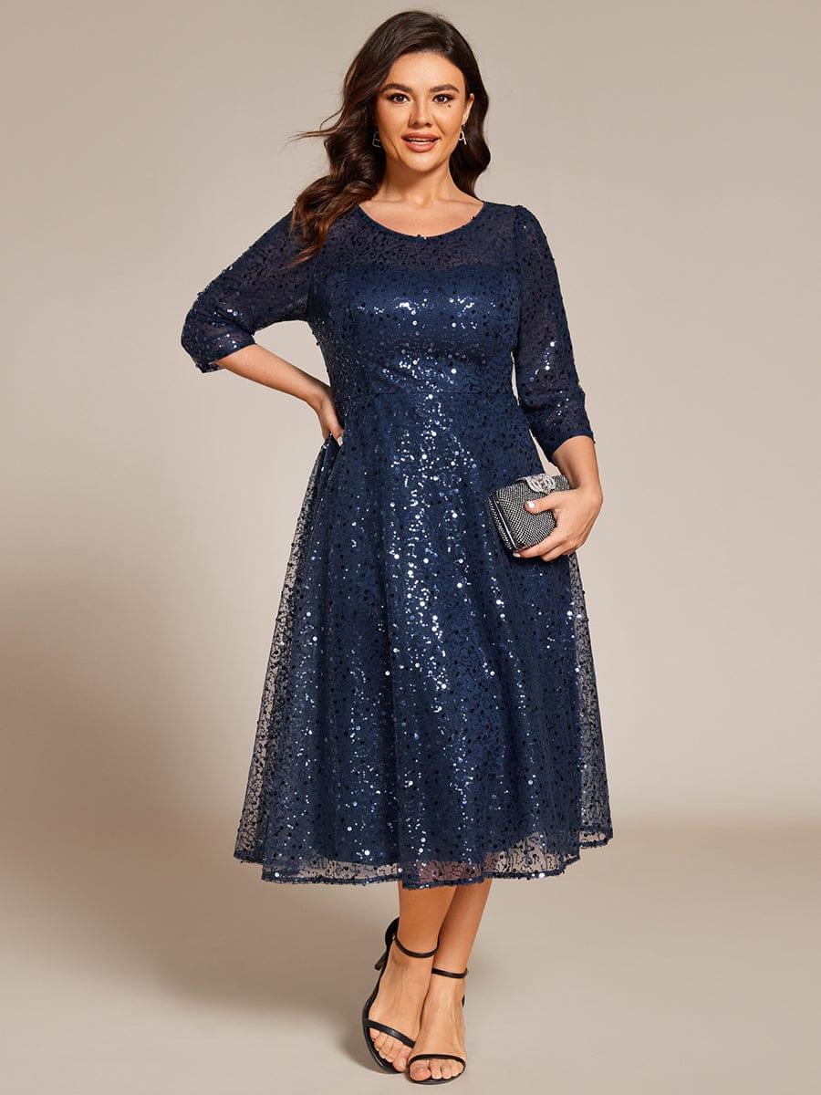 Robe d'invitée de mariage grande taille à manches 3/8 et à paillettes #Couleur_Bleu Marine