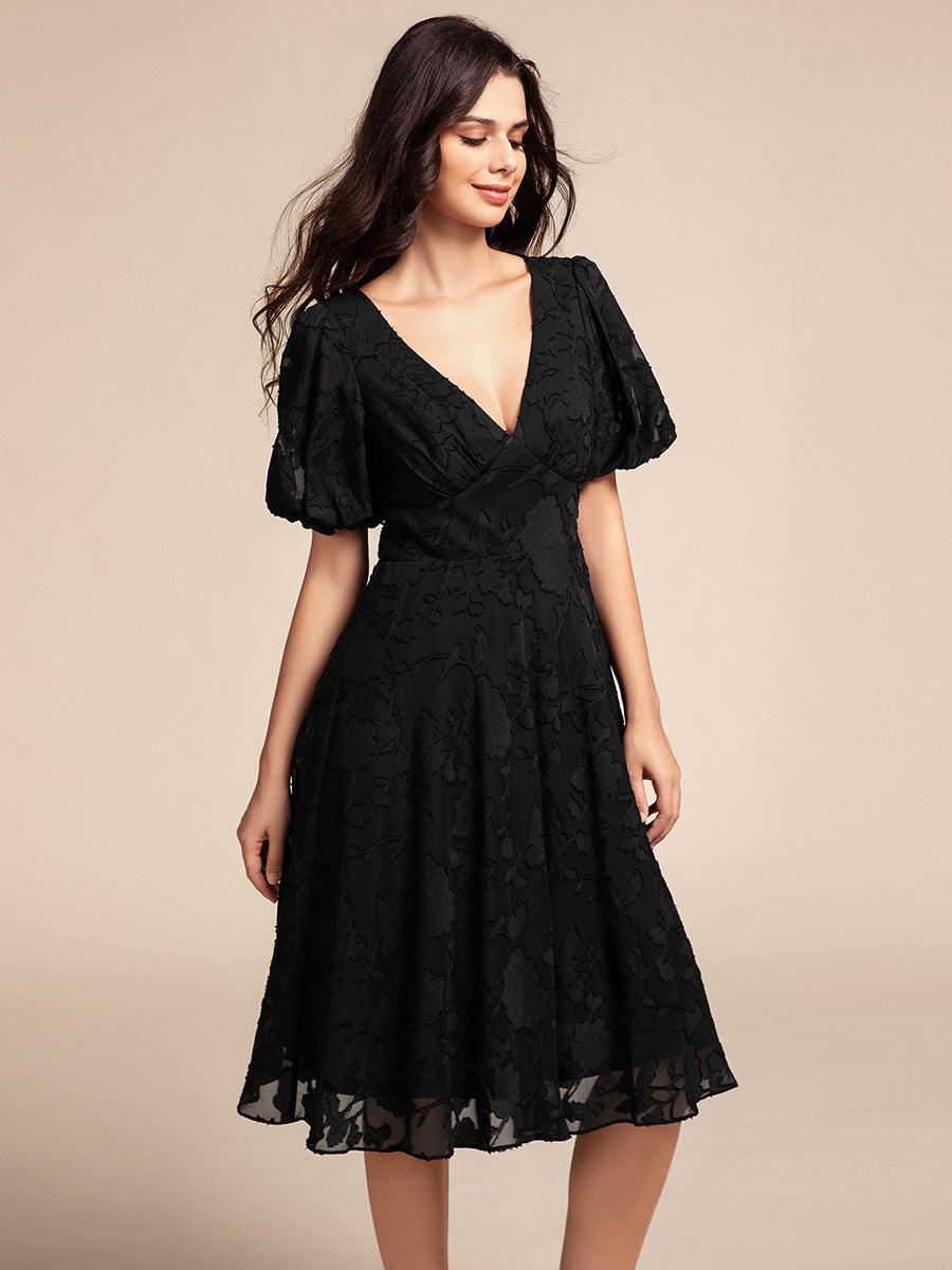 Robe d'invitée de mariage mi-longue à col en V et manches courtes #Couleur_Noir