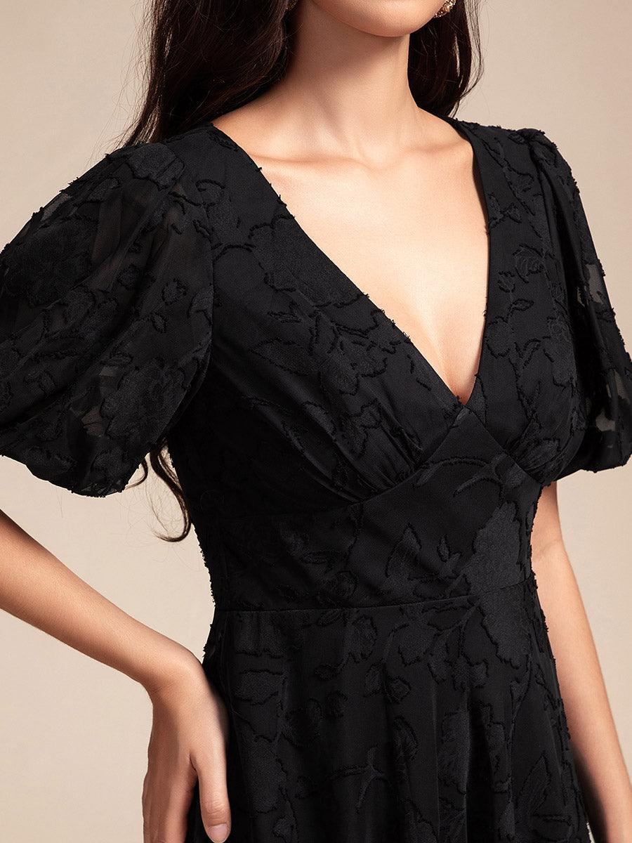 Robe d'invitée de mariage mi-longue à col en V et manches courtes #Couleur_Noir