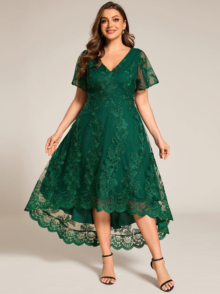 Robe d'invitée de mariage mi-longue à manches courtes et col en V double en maille brodée? #Couleur_Vert Fonce