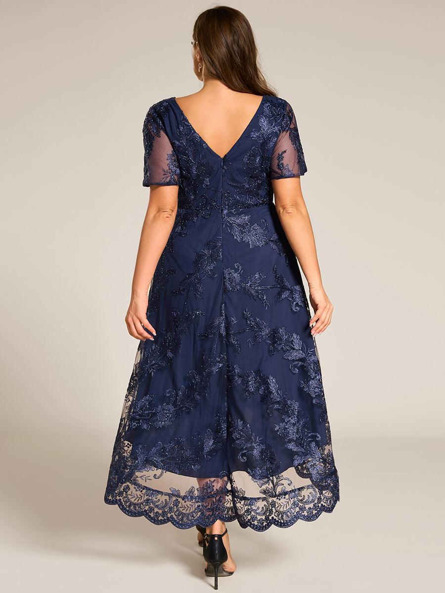 Robe d'invitée de mariage mi-longue à col en V et en maille brodée grande taille? #Couleur_Bleu Marine