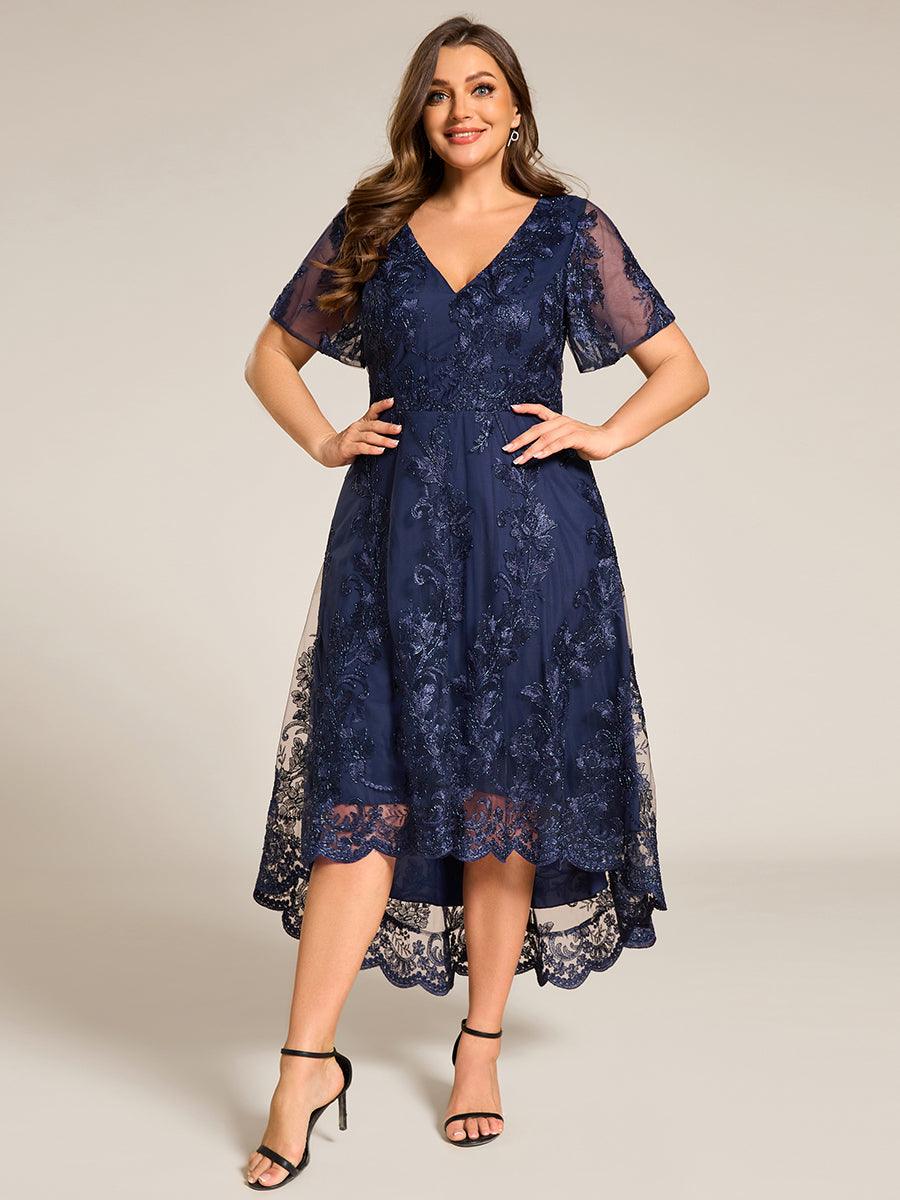 Robe d'invitée de mariage mi-longue à col en V et en maille brodée grande taille? #Couleur_Bleu Marine