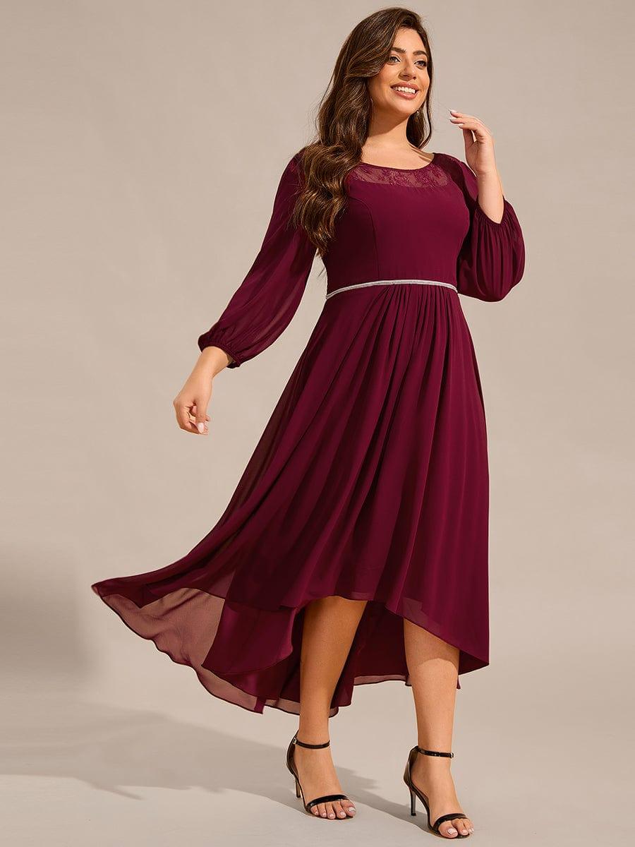 Robe d'invitée de mariage mi-longue en mousseline à col rond #Couleur_Bordeaux