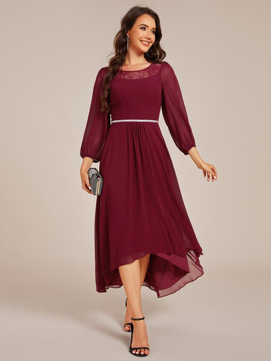 Robe d'invitée de mariage mi-longue en mousseline à col rond #Couleur_Bordeaux