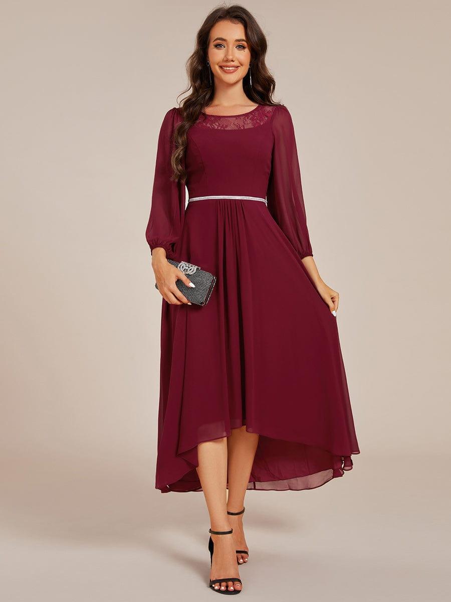 Robe d'invitée de mariage mi-longue en mousseline à col rond #Couleur_Bordeaux