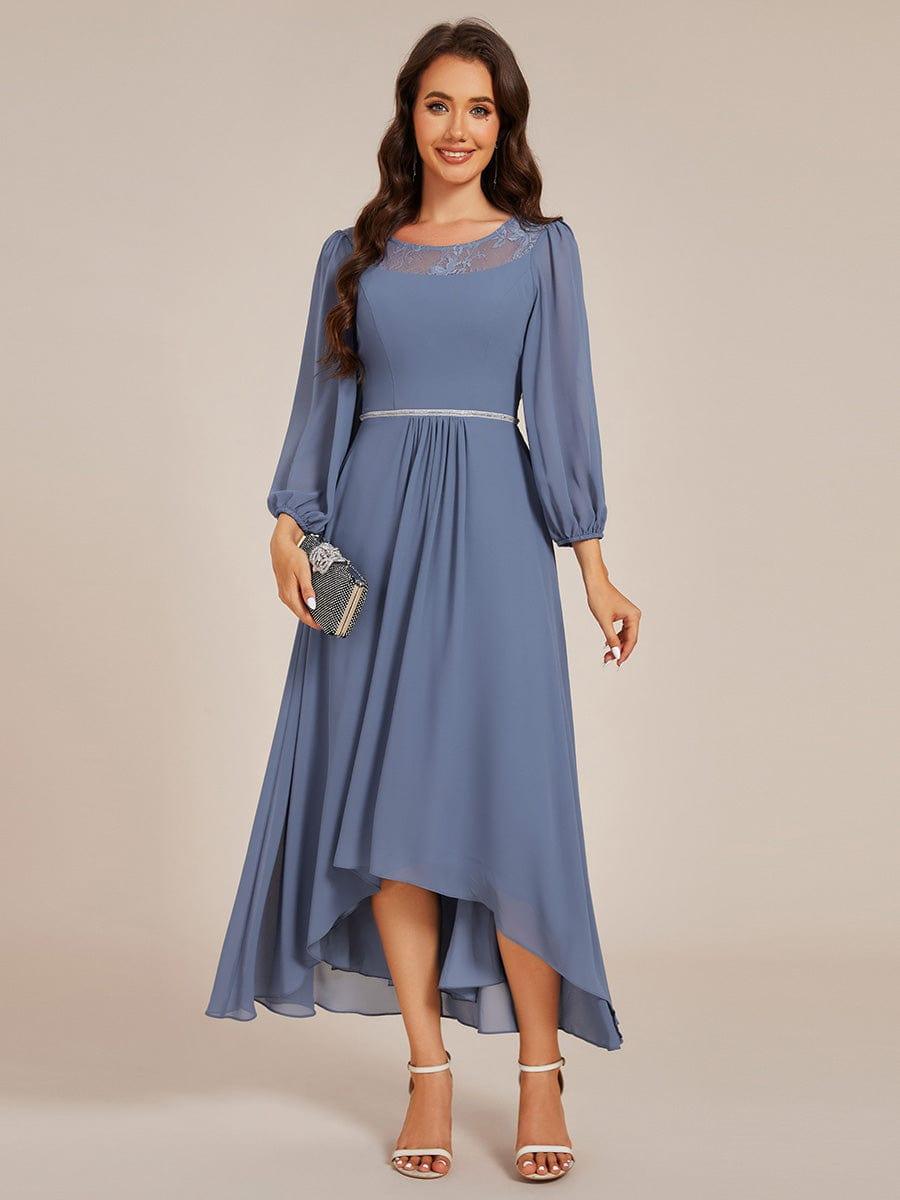 Robe d'invitée de mariage mi-longue en mousseline à col rond #Couleur_Marine Fume