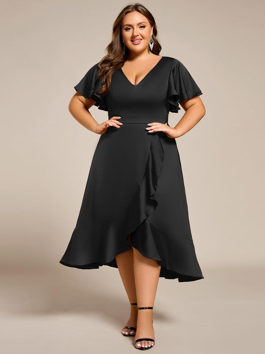 Robe d'invitée de mariage mi-longue en satin avec encolure en V et jupe à volants #Couleur_Noir