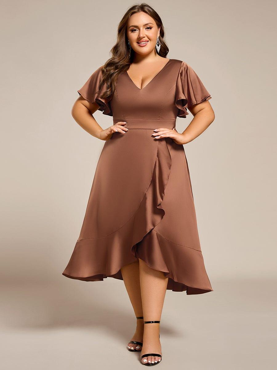 Robe d'invitée de mariage en satin grande taille avec jupe à volants #Couleur_Brun
