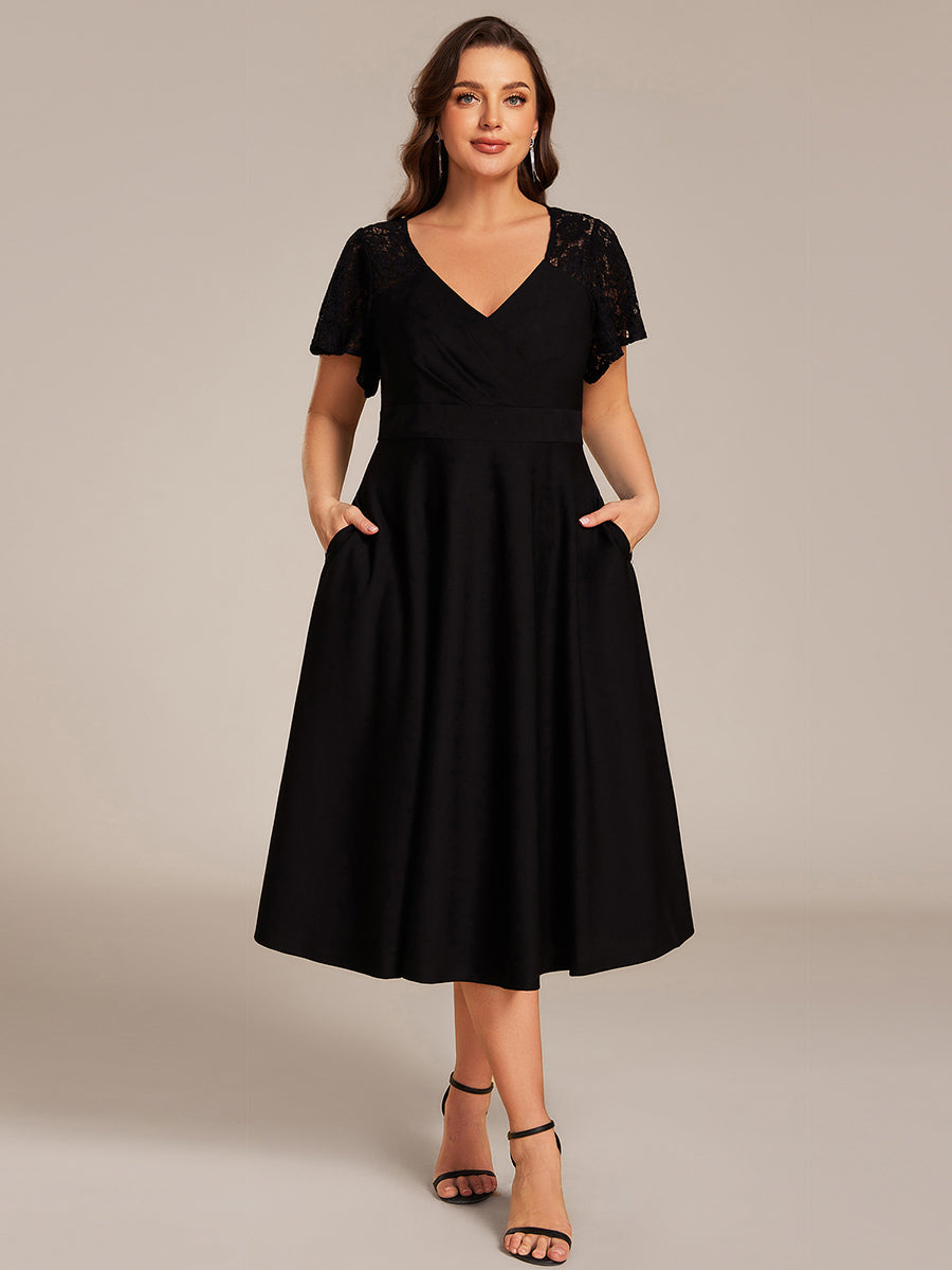 Robe d'invité de mariage mi-longue à col en cœur et manches courtes ajourées avec poches #color_Black