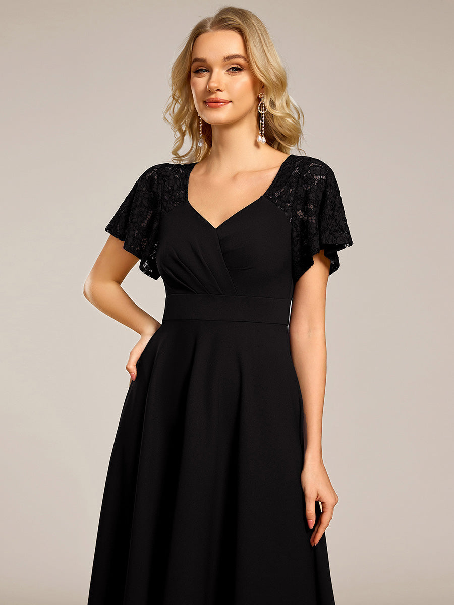 Robe d'invité de mariage mi-longue à col en cœur et manches courtes ajourées avec poches #color_Black