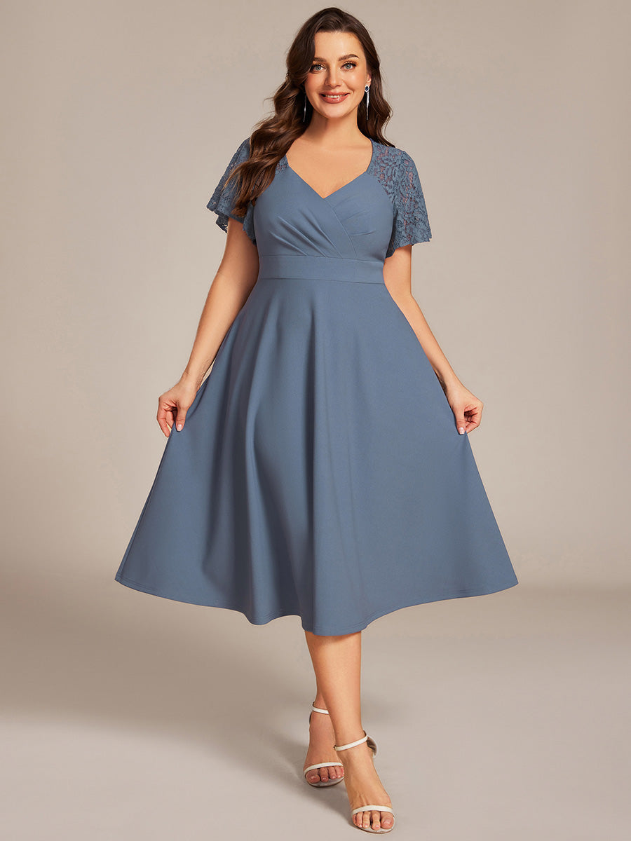 Robe d'invité de mariage mi-longue à col en cœur et manches courtes ajourées avec poches #Couleur_Bleu Denim