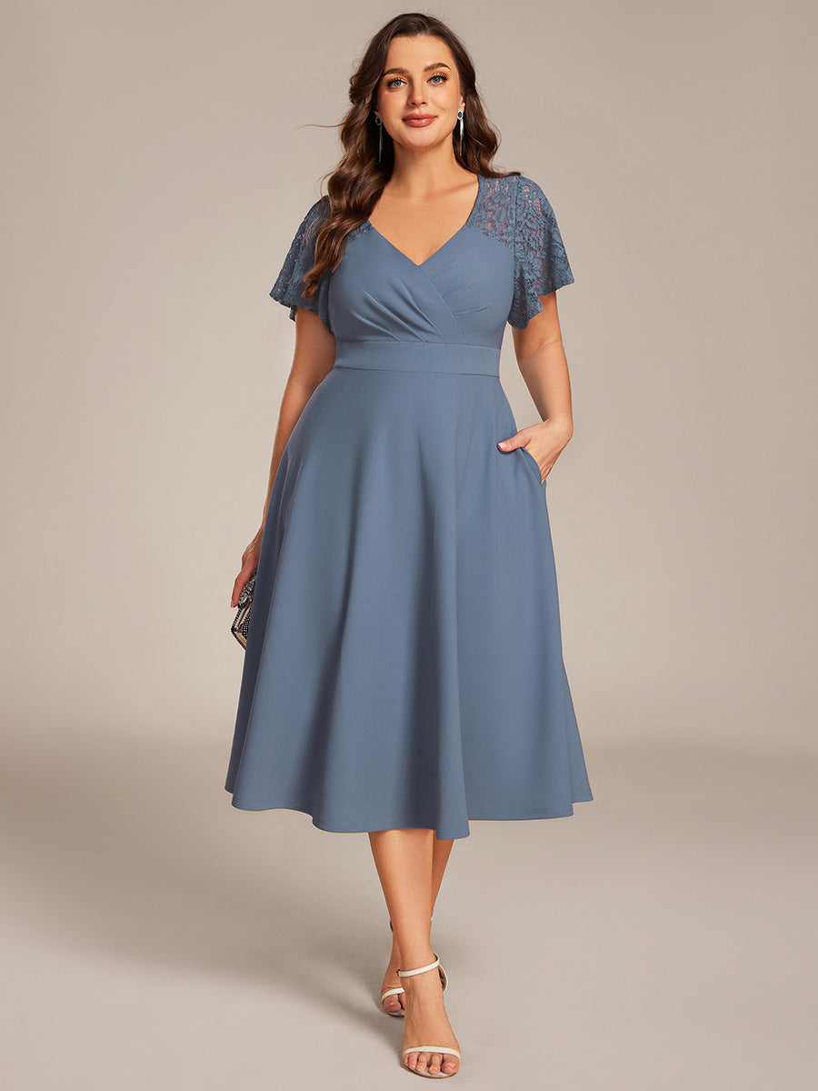 Robe d'invité de mariage mi-longue à col en cœur et manches courtes ajourées avec poches #Couleur_Bleu Denim