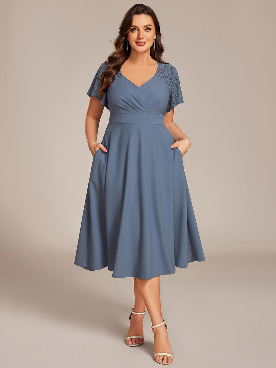 Robe d'invité de mariage mi-longue à col en cœur et manches courtes ajourées avec poches #Couleur_Bleu Denim