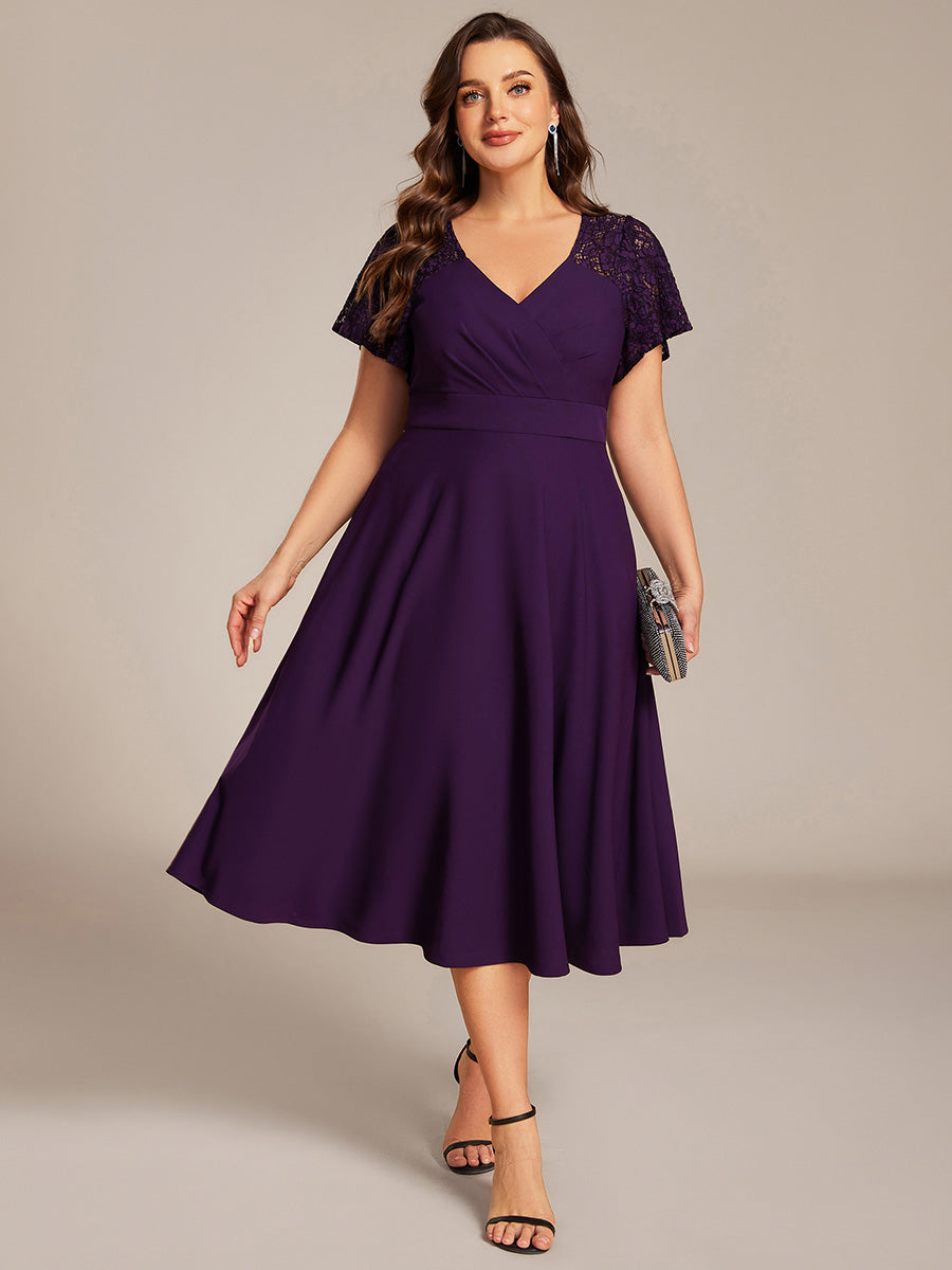 Robe d'invité de mariage mi-longue à col en cœur et manches courtes ajourées avec poches #Couleur_Violet Fonce