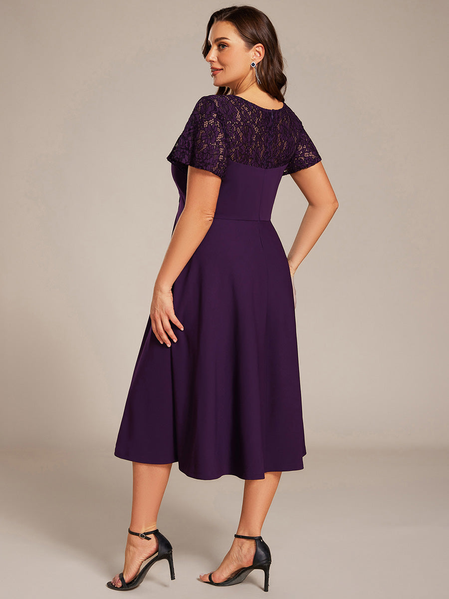Robe d'invité de mariage mi-longue à col en cœur et manches courtes ajourées avec poches #Couleur_Violet Fonce
