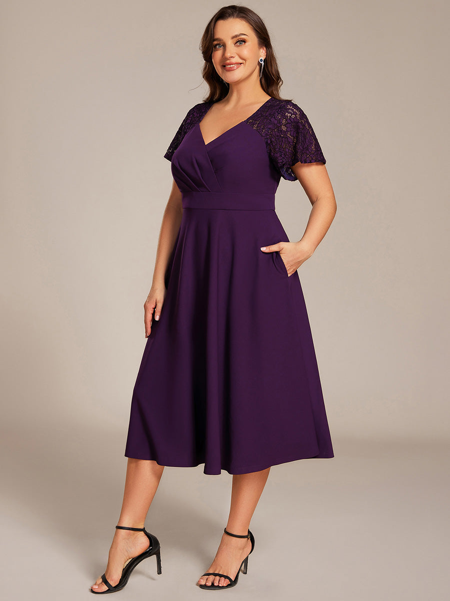 Robe d'invité de mariage mi-longue à col en cœur et manches courtes ajourées avec poches #Couleur_Violet Fonce
