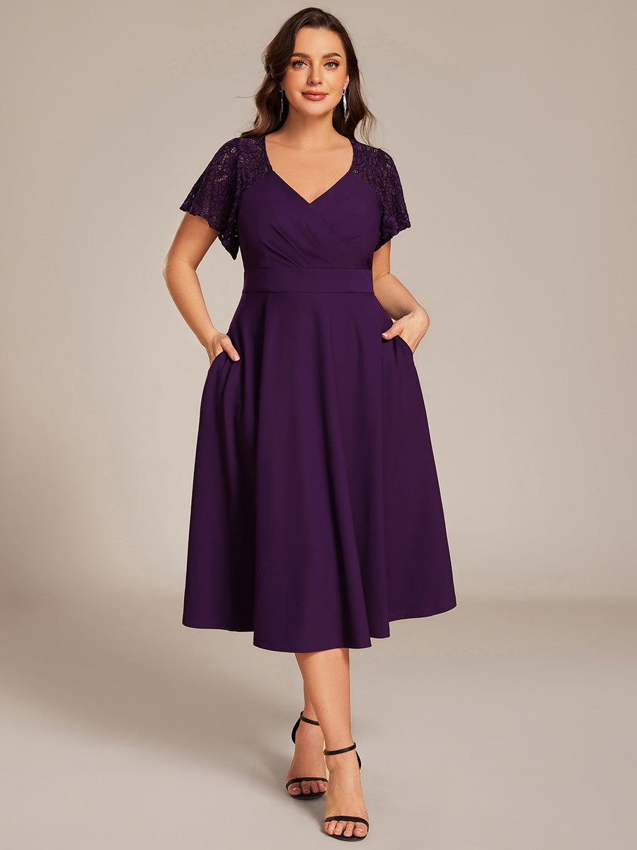 Robe d'invité de mariage mi-longue à col en cœur et manches courtes ajourées avec poches #Couleur_Violet Fonce