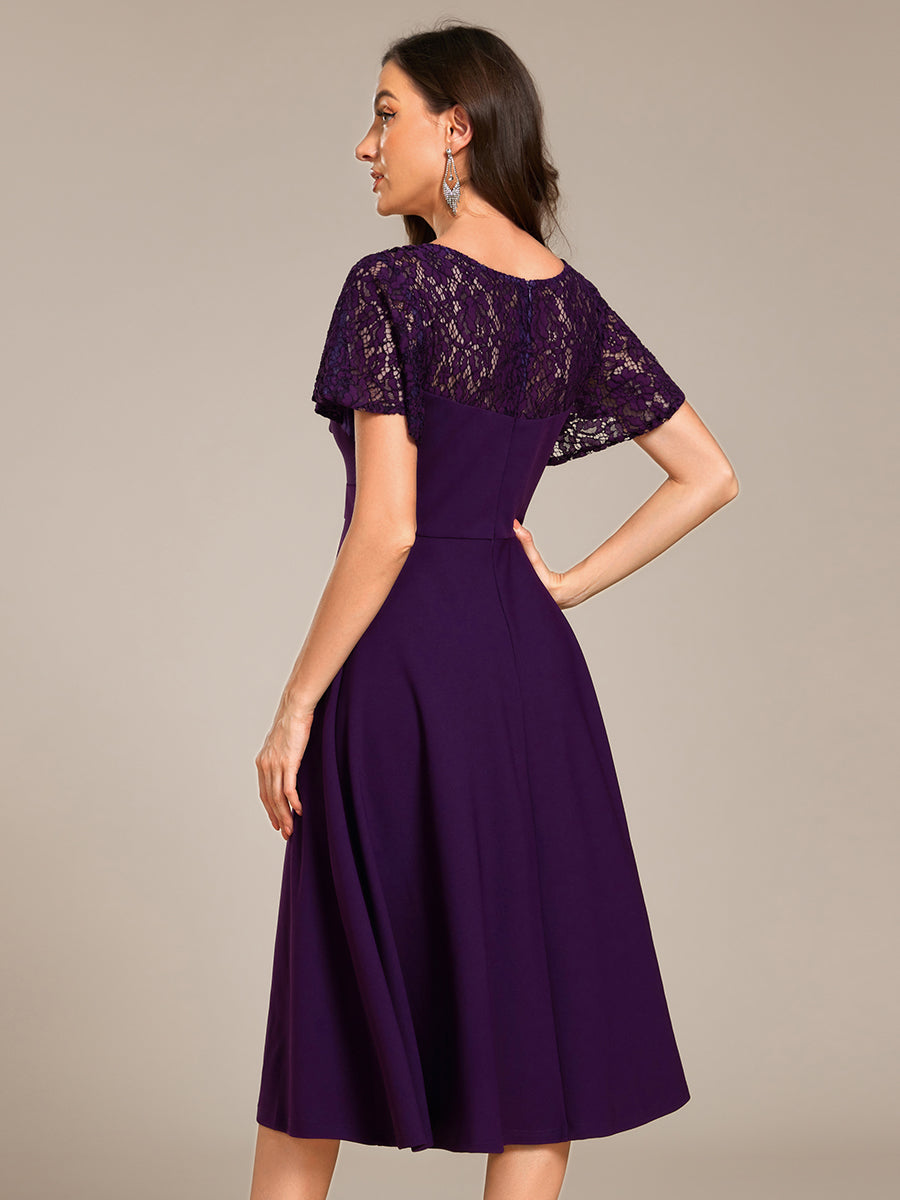 Robe d'invité de mariage mi-longue à col en cœur et manches courtes ajourées avec poches #Couleur_Violet Fonce